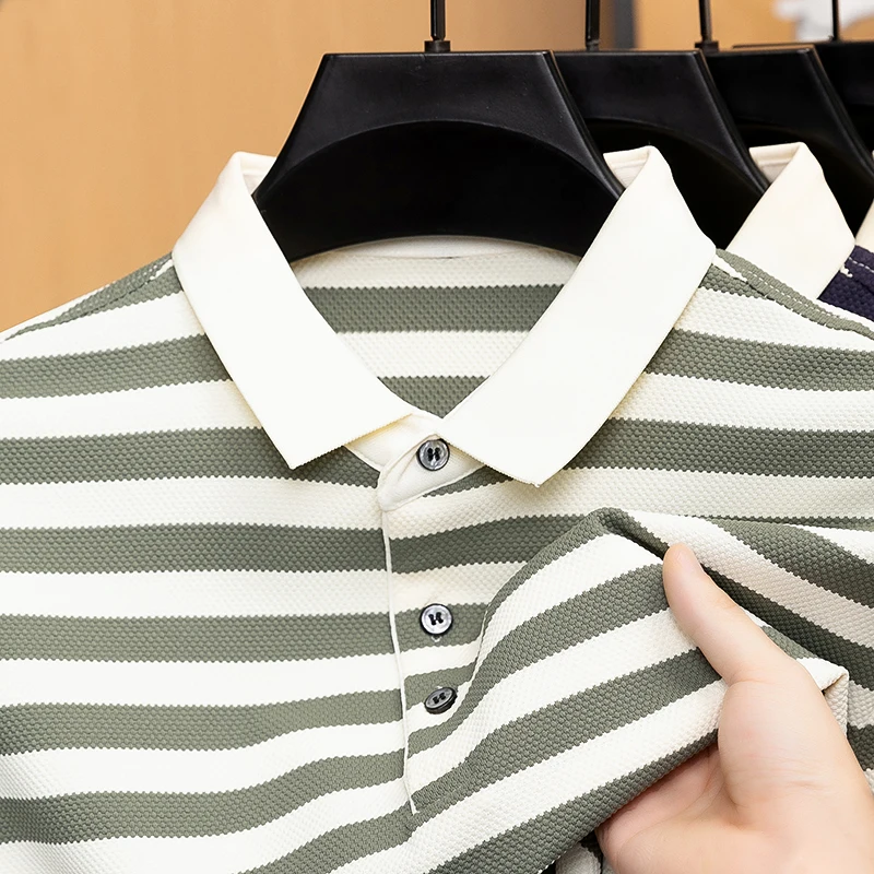 Men's Summer Pineapple Weave Short Sleeves Polo Shirt Lapel Stripe High Quality Fashion T-Shirt Business Leisure Trend Men Wear