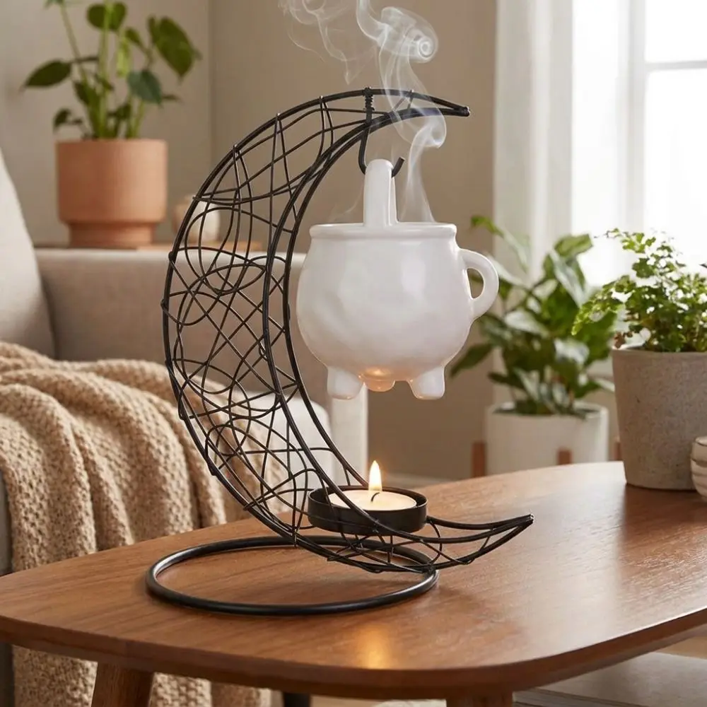 Table Centerpiece Iron Moon Aromatherapy Stove Decorative with Ceramic Stove Hollow Out Candle Stand Tealight Holder Bedroom Use