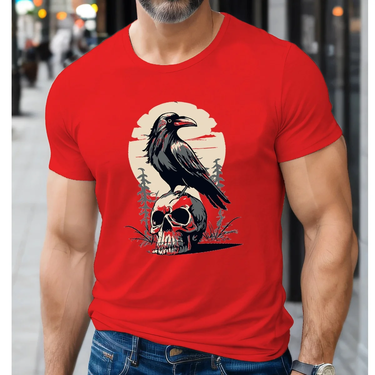 

Fashion Skull And Crow Pattern 3D Print Polyester T Shirt For Men Summer Casual Loose O-Neck T-shirt Street Harajuku Man Clothes