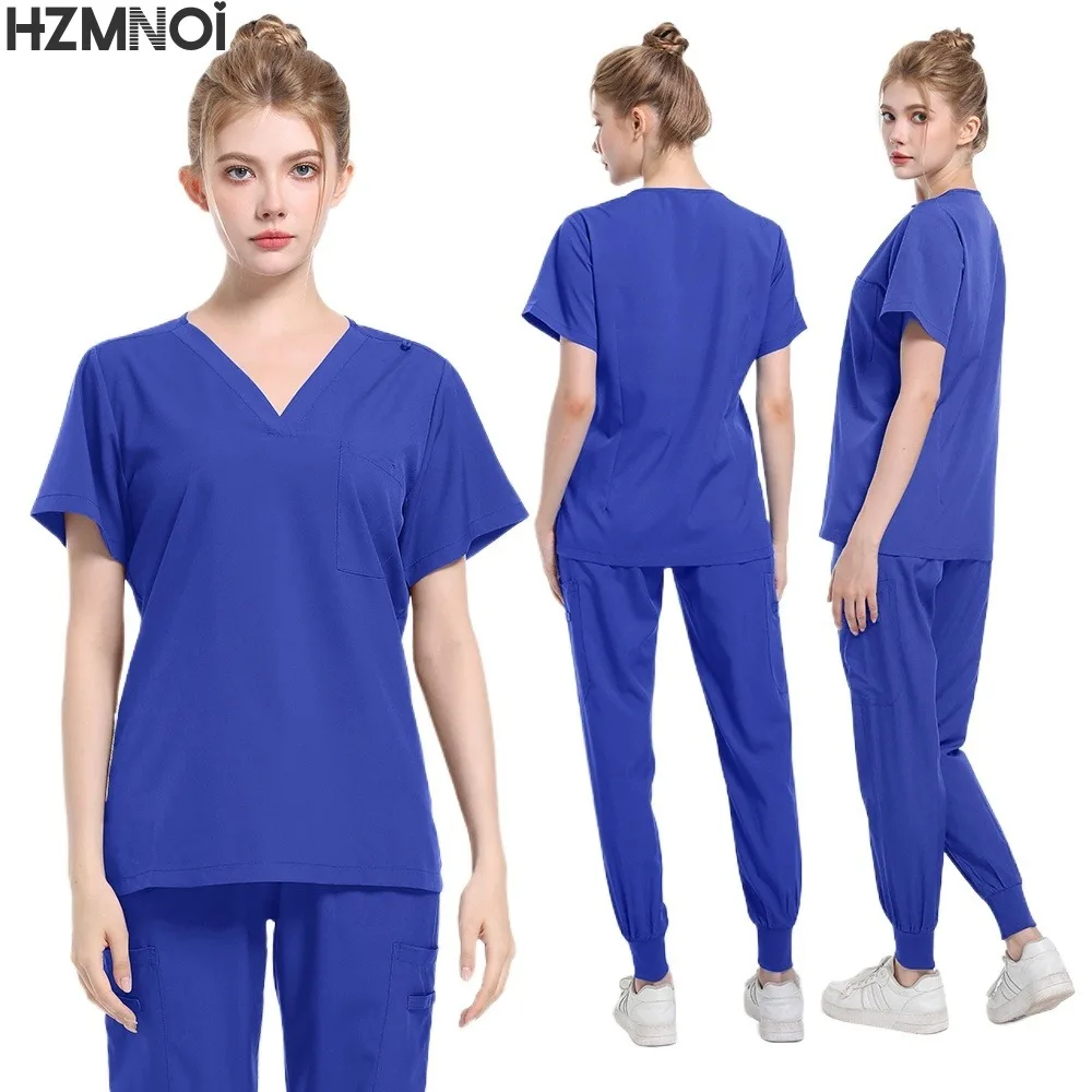 Fashion Black Uniforms Woman Beauty Workwear Medical Scrub Set Doctor Nurse Nursing Clothes Clinical Scrubs Top Pants Sets S-XXL