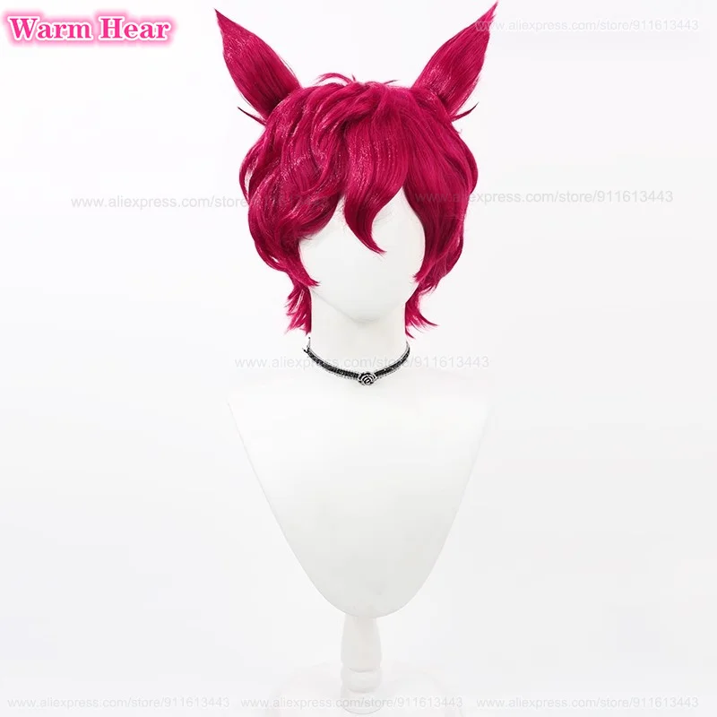 Game LOL Heartsteel Sett Synthetic Unisex Rose Red Curly Hair With Ears Cosplay Anime Wig Heat Resistant Hair Wigs +Free Wig Cap