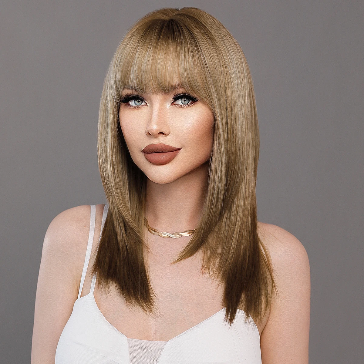 PARK YUN Brown Ombre Blonde Wigs with Bangs Natural Soft Straight Layered Hair Wig for Women Daily Party High Density Fiber