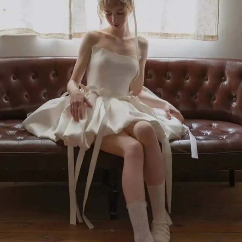 Women Balletcore Strapless Corset Dress Short Puffy Skirt Long Flowing Tulle Train Ribbon Bow Decor White Fairy Mini Party Dress