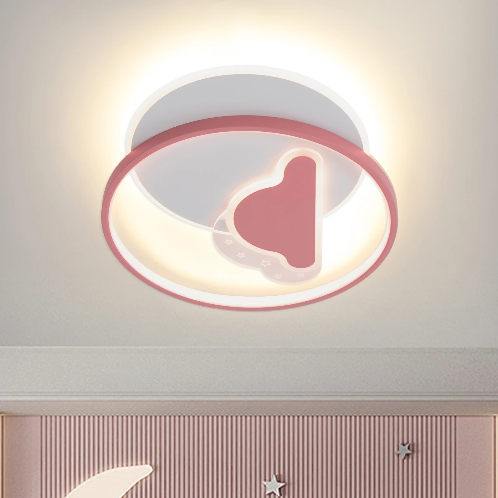 مصباح سقف LED قابل للتعتيم مع جهاز تحكم عن بعد - وردي، مُجمَّع مسبقًا، سهل التنظيف، مفتاح حائط متوافق مع غرفة المعيشة/الفندق