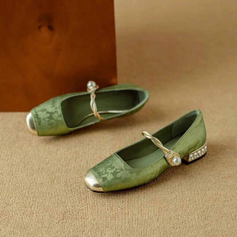 

Retro Green Mary Jane Shoes Women Designer Square Heels Shoes Women Buckle Strap Elegant Shoes Women's Loafers Shallow Sandals