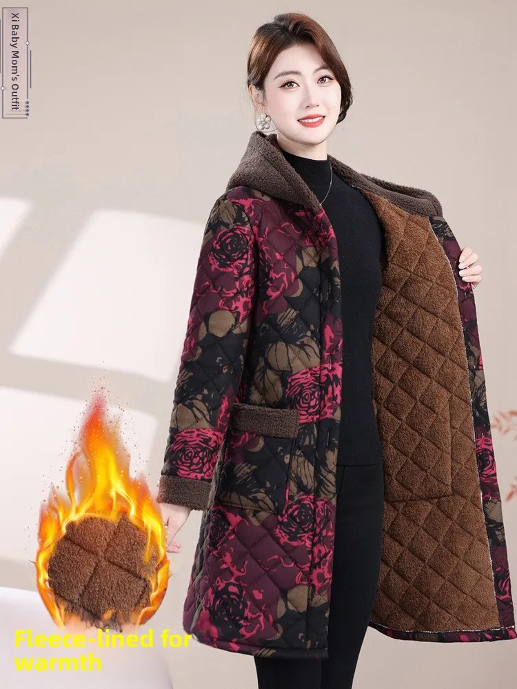 

Retro Printed Hooded Thiened Fce Warm Cotton Jaet Mid-Length Women's Faionable Cotton Coat for Middle-Aged And ly