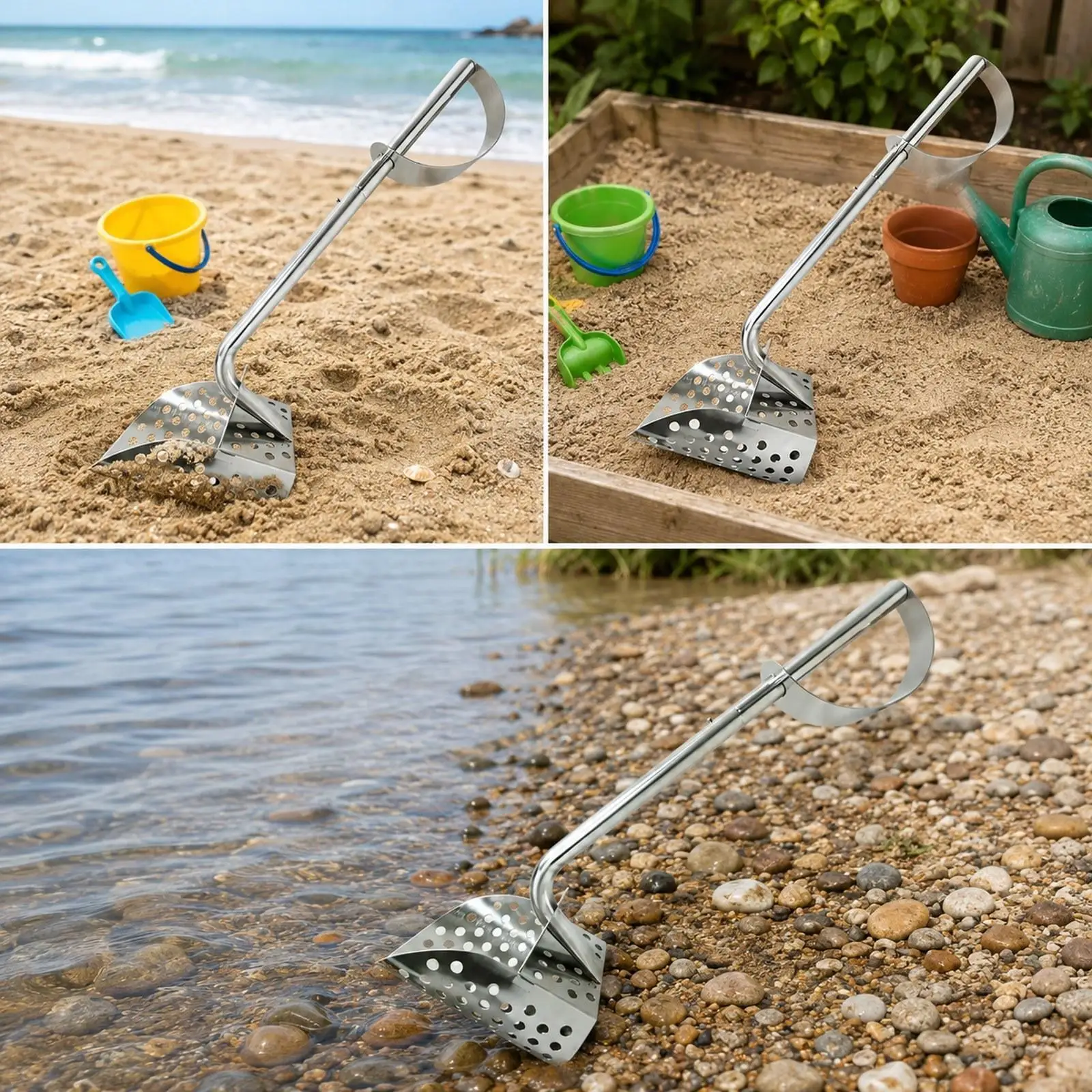 Stainless Steel Sand Sieve Rake Multi Purpose Long Handle Beach Rake for Lawn Gardening Cleaning and Seafood Catching