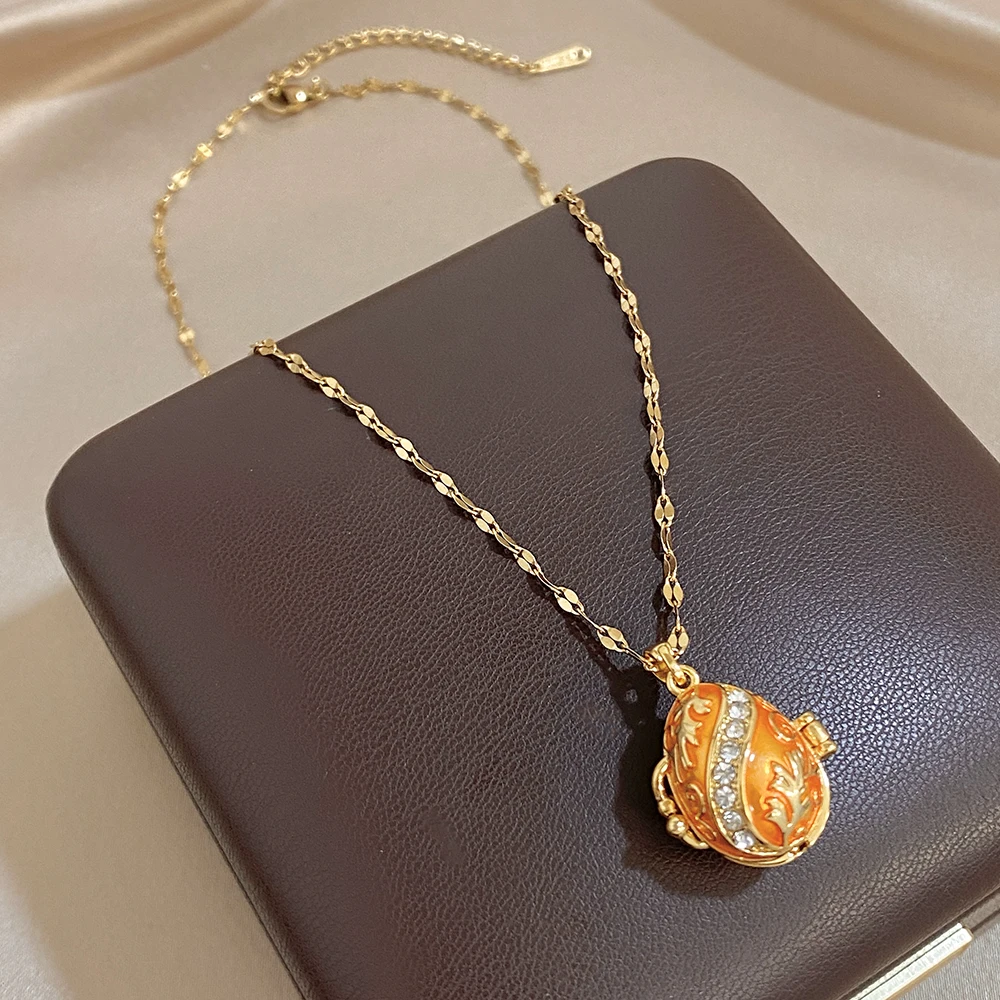 Orange Open Egg Pendant Necklace For Women Gifts Fashion Unique Original Design Cubic Zircon Filled Jewelry Collarbone Chain