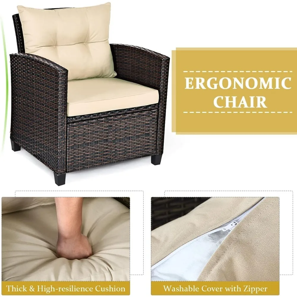 طقم أثاث الفناء، كرسي أريكة فناء من الخيزران مكون من 3 قطع مع وسائد قابلة للغسل وطاولة زجاجية