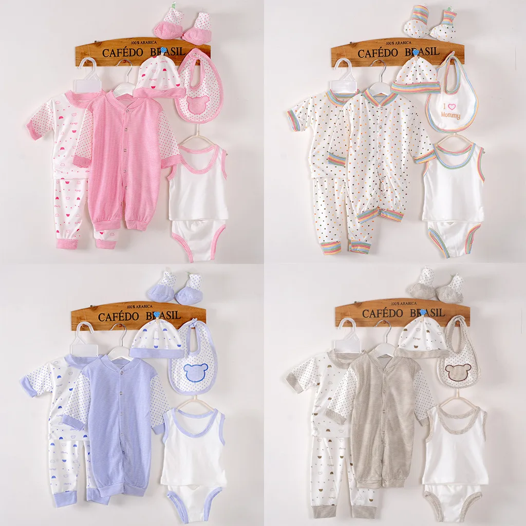 Soft Newborn Set Baby Shower Cotton Bodysuit Infant Sleepwear Cute Hat Outfit Baby Long-Sleeved Polka Dot Striped Cartoon T1