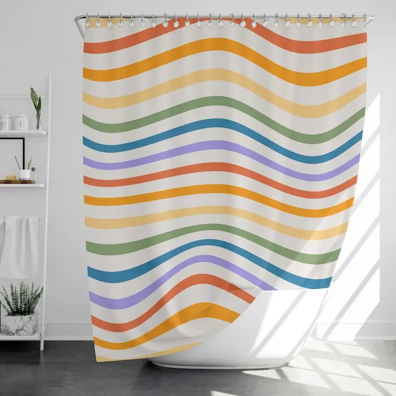Rainbow Lines Shower Curtain with 12 Hooks Waterproof, Bathroom Decor, Housewarming Gift