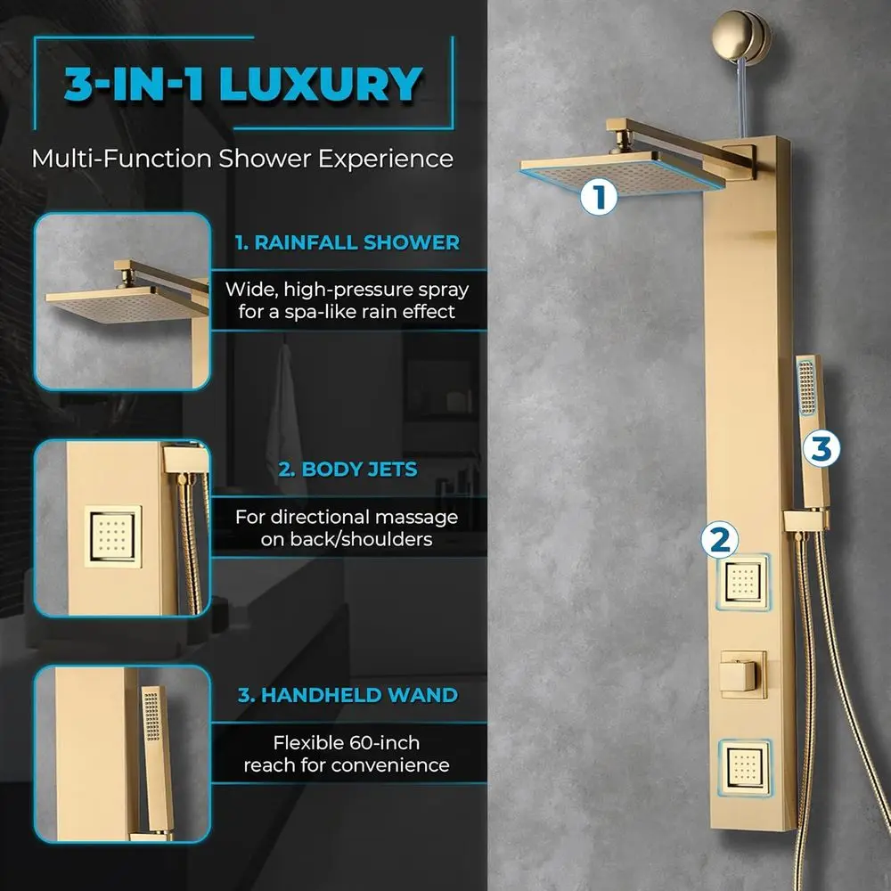 Gouden 39-douchetoren met dubbele jets, regendouche, lichaamssprays en toverstok