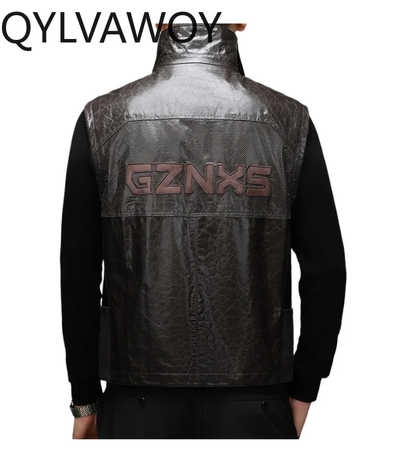 QYLVAWOY Real Cowhide Men's Leather Jacket Vest Spring  Autumn Motorcycle Jacket Lapel Zipper Coat Short Jackets for Man Casual