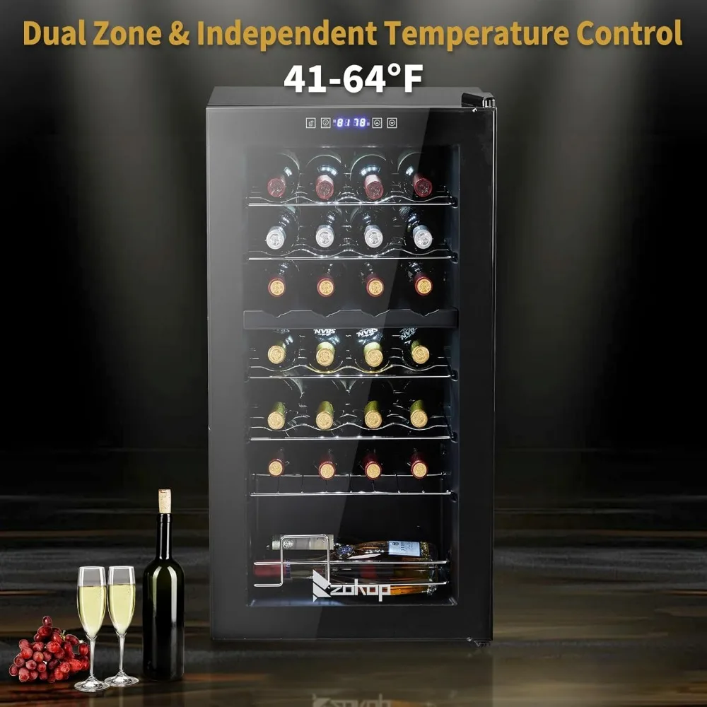 Refrigerador de vinho com compressor de zona dupla de 28 garrafas, mini geladeira de vinho compacta independente com temperatura ajustável, controle digital