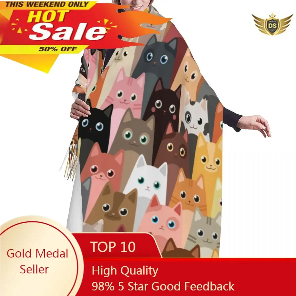 Autumn Winter Warm Scarves Cartoon Cute Cats Pattern Fashion Shawl Tassel Scarves Wrap Neck Headband Hijabs Stole