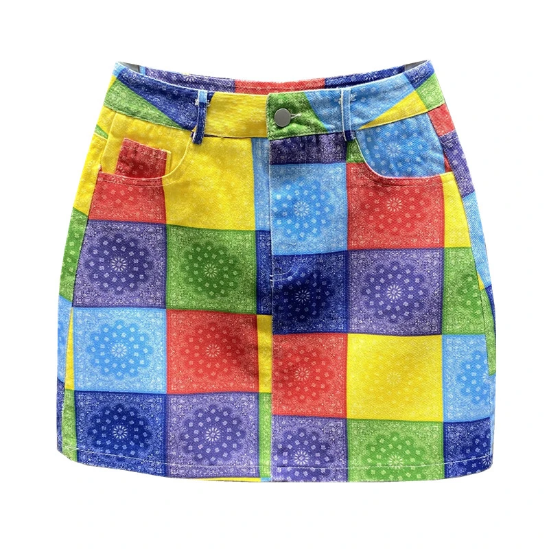 

High Street Fashion Printed Design Mini Denim Skirt Women Summer New High Waist Slim Package Hip A-Line Skirt s262