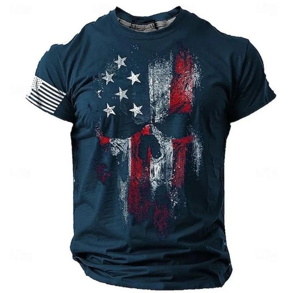 Camiseta Retro para Hombre con Estampado de Bandera, Diseño 3D de Calavera, Cuello Redondo, Manga Corta, Informal y Transpirable