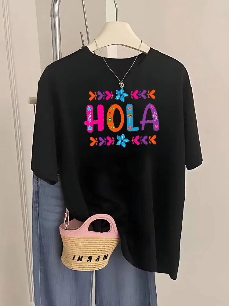 Women Casual Short-Sleeve T-Shirt with Colorful Spanish HOLA Print and Floral Heart Pattern for Summer Parties and Everyday Wear