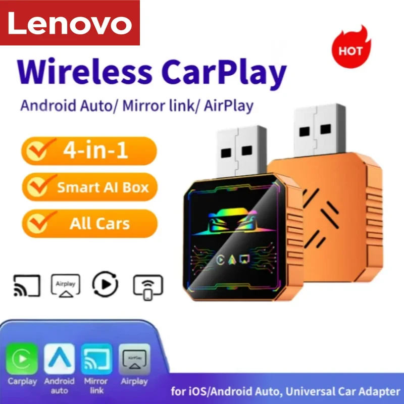 

Беспроводной адаптер Lenovo 4-в-1 для Android CarPlay, зеркалирование экрана на автомобильную стереосистему для iOS/Android Auto, универсальный автомобильный адаптер для Android и iOS