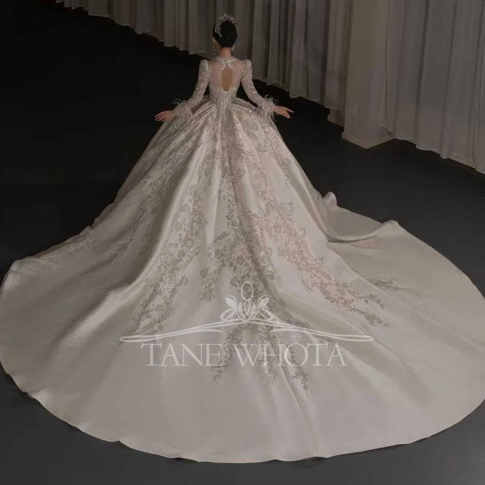 럭셔리 O넥 긴팔 비즈 장식 스팽글 볼 가운 웨딩 드레스 맞춤 제작 베스티도 노이바 카사멘토