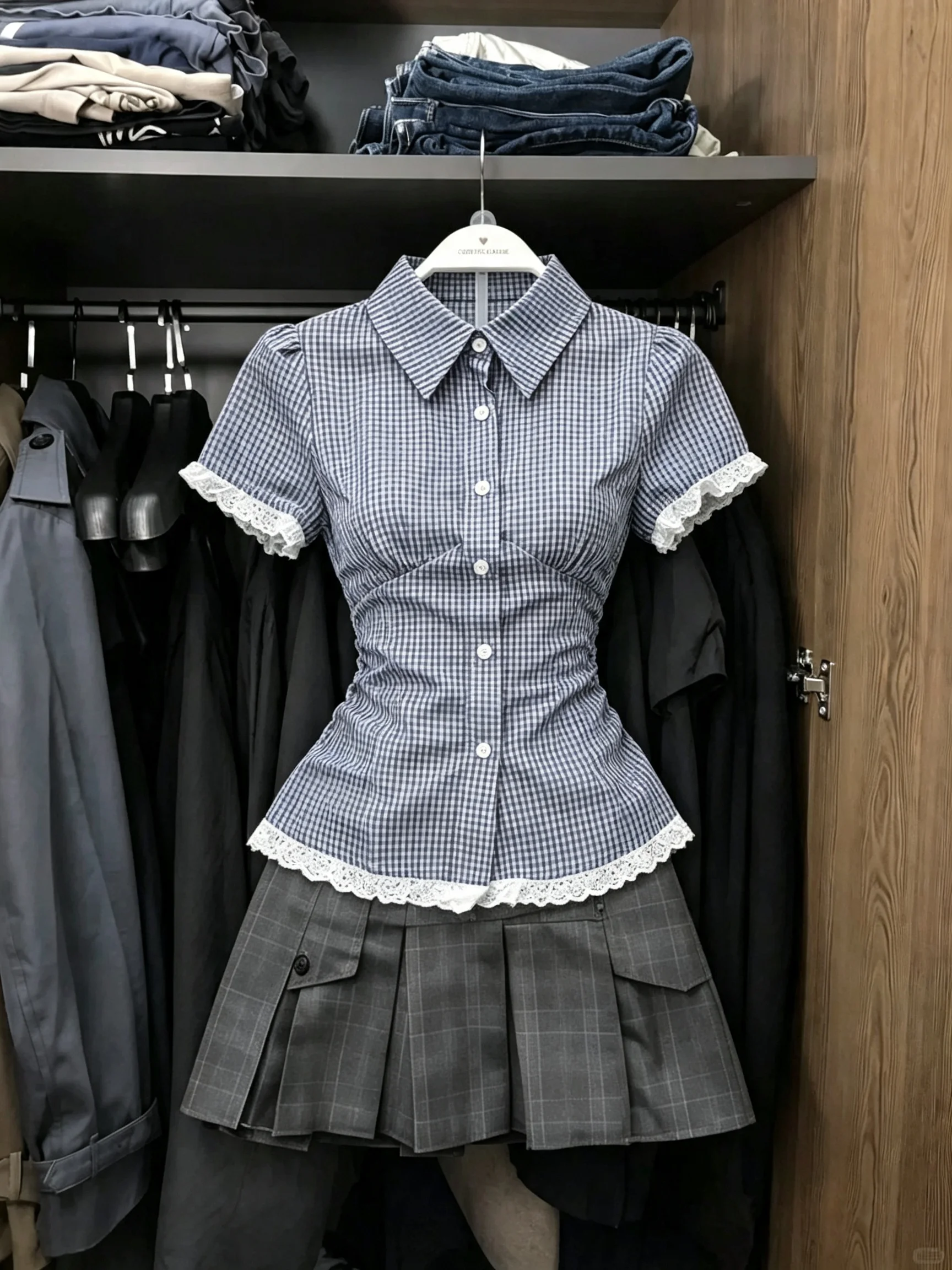 Summer Women Plaid Two Piece Suit Lace Trim Short Sleeve Cinched Waist Blouse High Waist Pleated Skirt Y2K Harajuku Daily Outfit