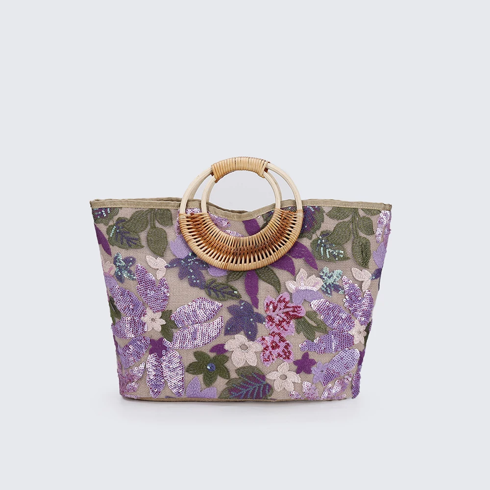 Fiore paillettes ricamo borsa da donna rotonda manico in Rattan borse da spiaggia per le donne grande borsa da viaggio ricamo borsa Shopper Tote