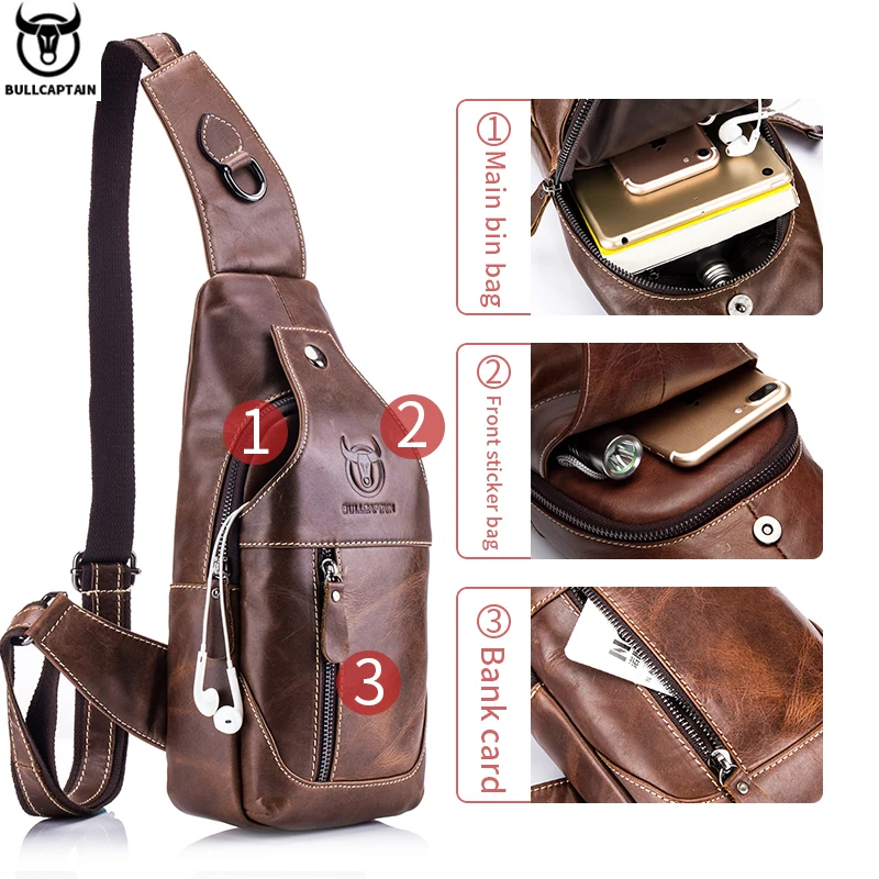 BULLCAPTAIN-Bolso de pecho de cuero genuino para hombre, bandolera triangular informal, mochila de hombro de viaje, bolso multifuncional de cuero