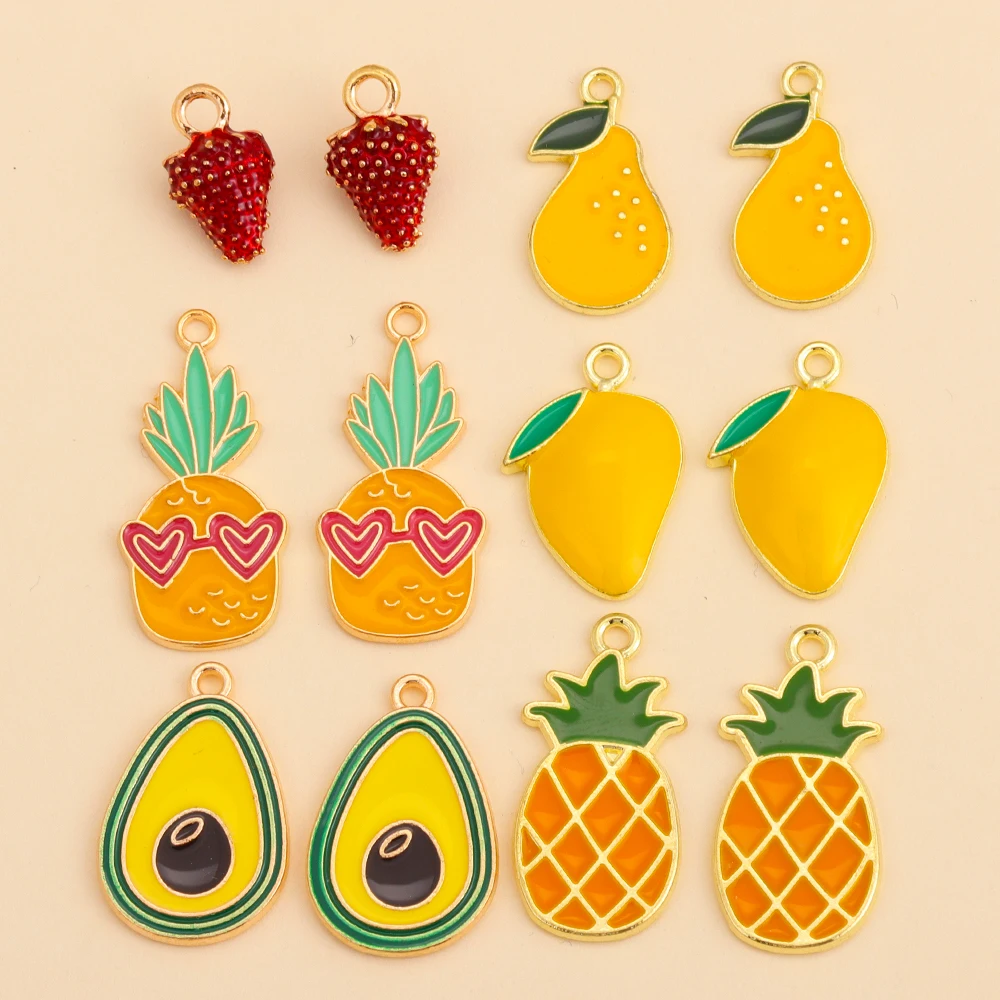 Dijes de fruta esmaltada para mujer, colgante de piña, fresa, Mango, pendientes, collar, pulsera, accesorios de joyería DIY, 10 piezas