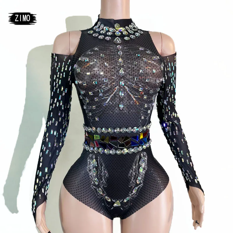 NEW GOGO AB crystal Gogo Show black Bodysuit Pole Dance Leotard Long Sleeve Sexy Party Birthday Club Celebrate Drag Queen Outfit