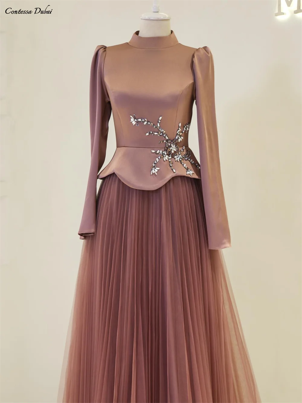

Contessa Custom evening dress prom dress elegant high neck long sleeve satin top tulle skirt beaded applique wedding guest dress