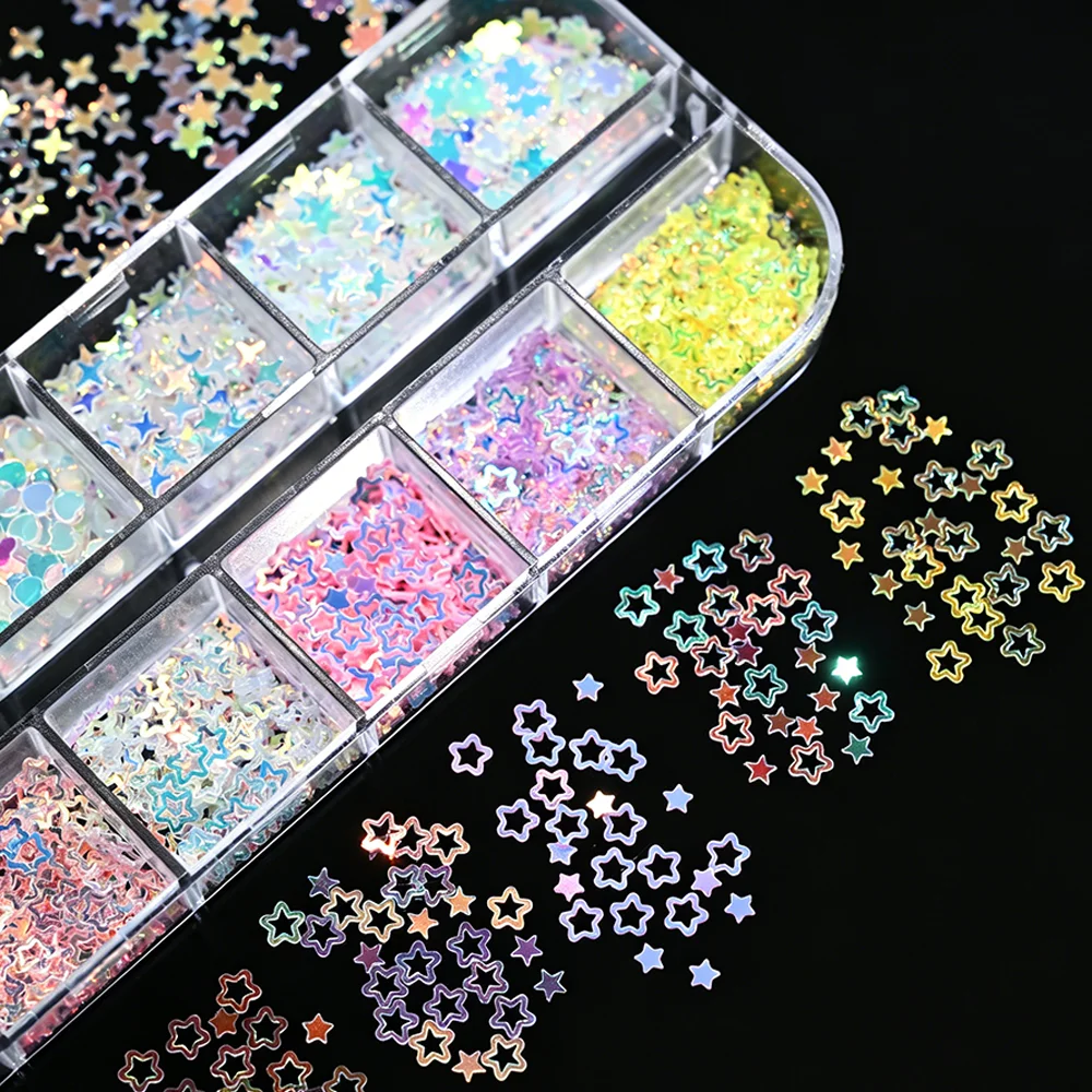 12grids Translucent Macaron Color Star Heart Nail Sequins Aurora Iridescent Sakura Hollow Star Nail Flakes Summer Nail Decora