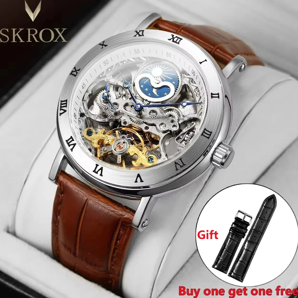 Luxury Brands GMT Dual Time-Zones Automatic Movement Clock Tourbillon Mechanical Skeleton Men's Wristwatches Man Sun Moon Watch