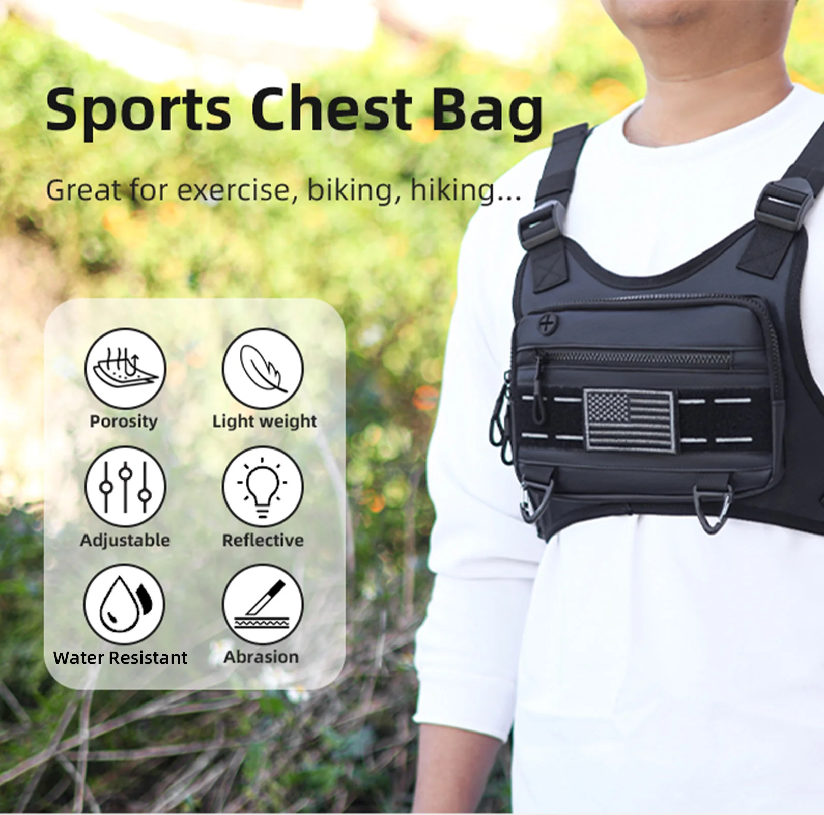 chest pack Chest Bag for Men Reflective Running Vest with Tape Chest Pack for Outdoor Activities 600D Membrane Fabric Chest Rig
