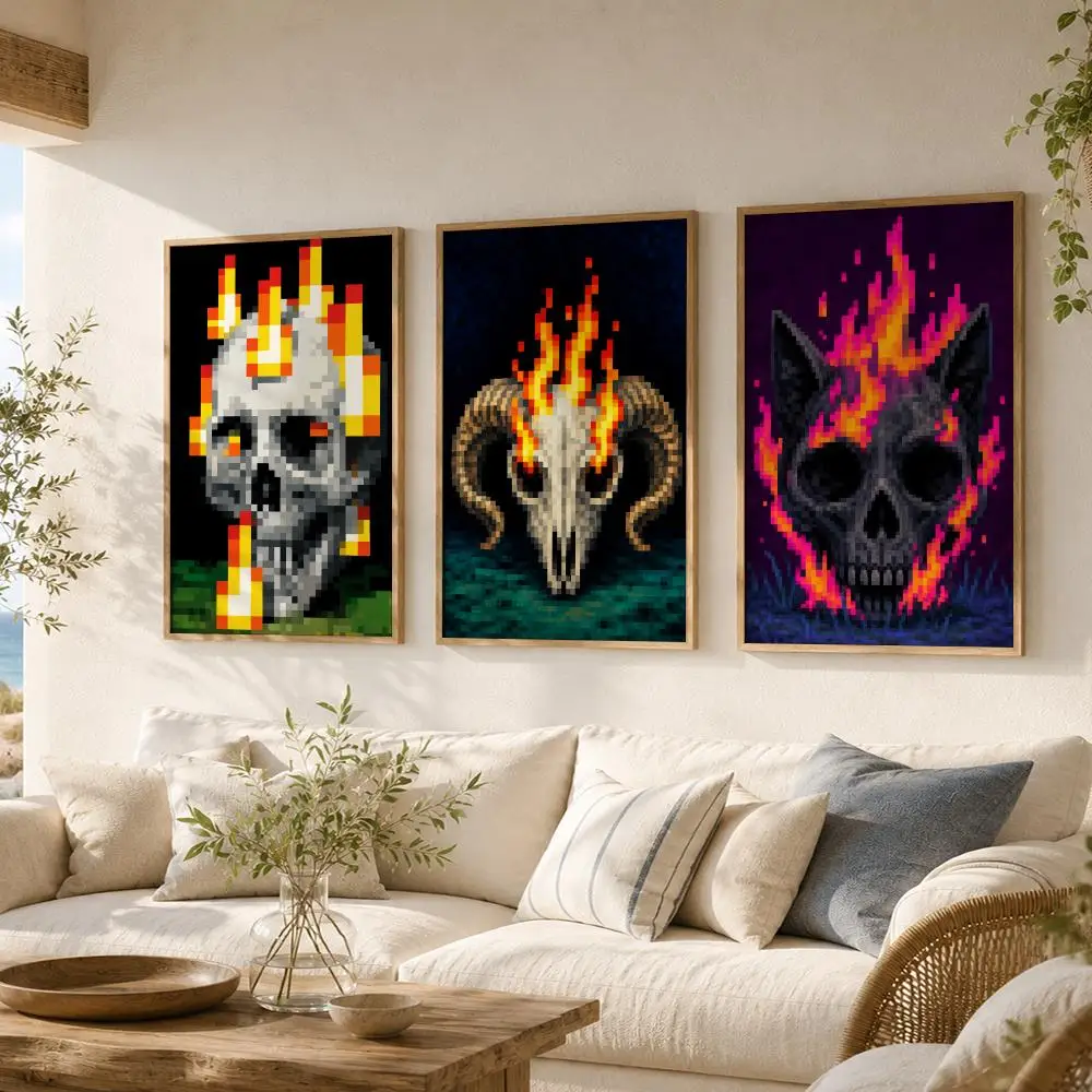 Pixel Art Skulls Painting Calligraphy Canvas Poster Art for Bedroom Living Room Home Decor Wall Decoration Decals Gift
