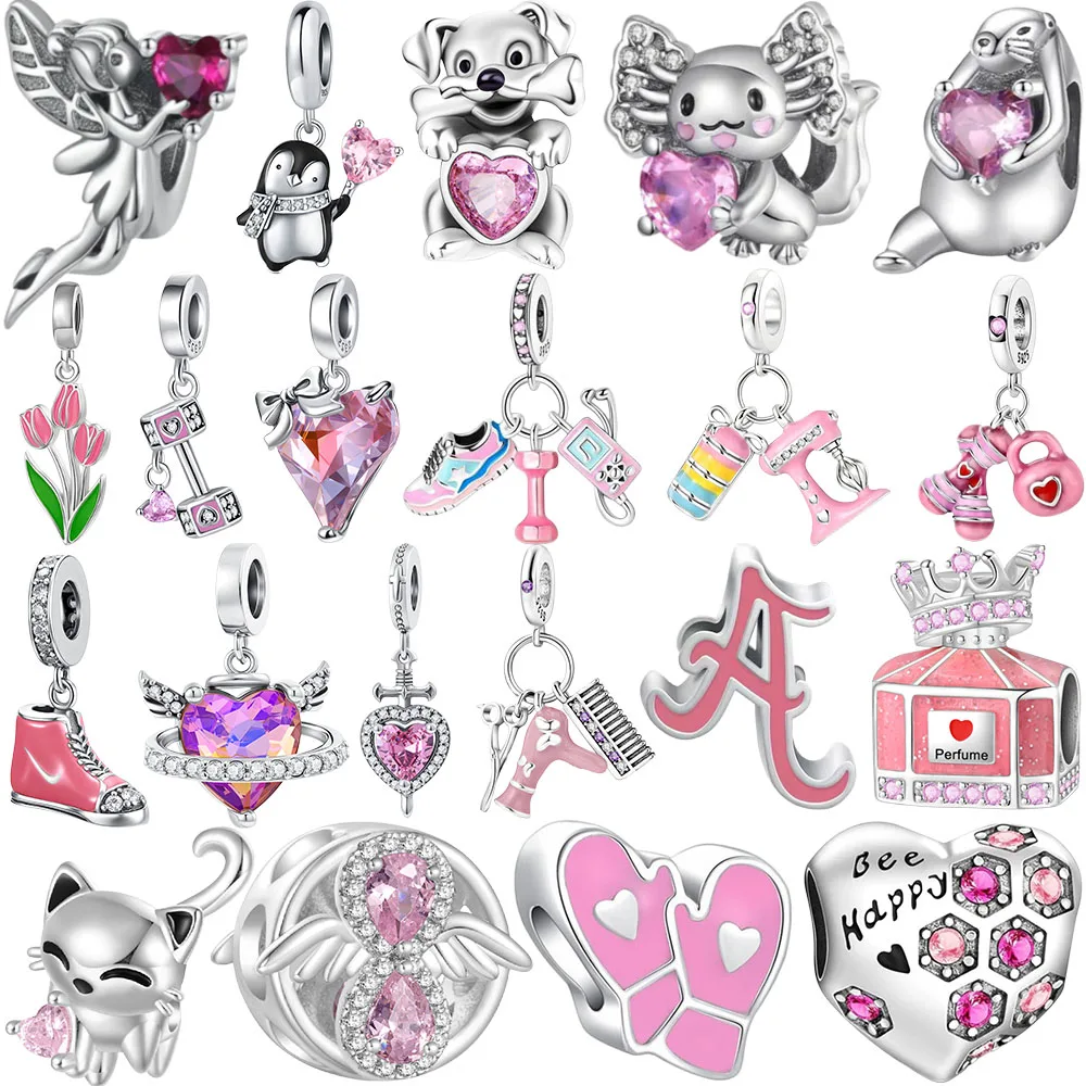 

925 Sterling Silver Pink Shiny Zircon Perfume Tulip Charm Pendant Bead Fit Original Bracelet Keychain Necklace DIY Women Jewelry