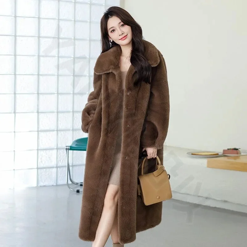 Casaco de pele sintética feminino inverno imitação de vison casaco de meia idade feminino casacos de vison de comprimento médio integrado casaco solto