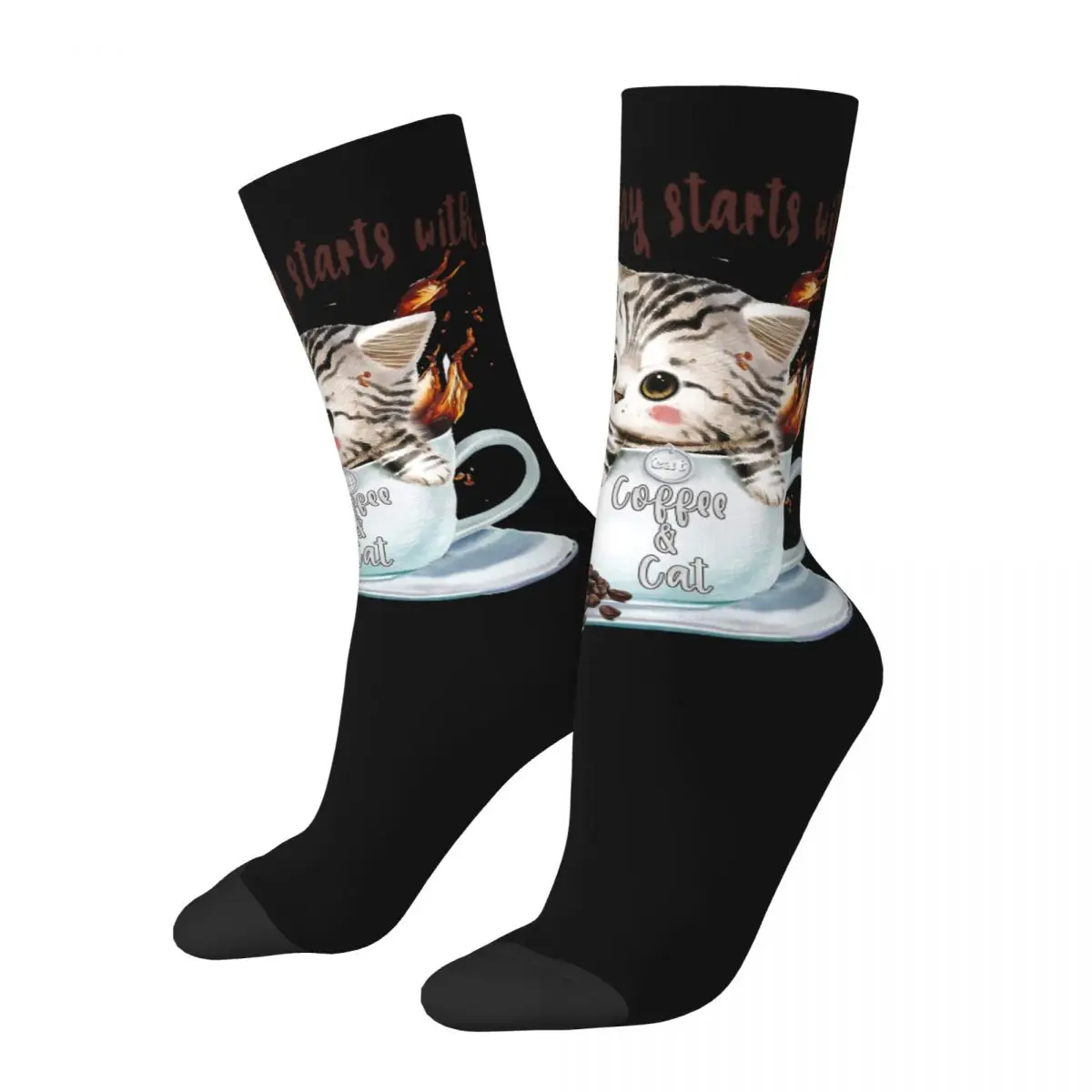 Funny Men's compression Socks Coffee And Cat Vintage Harajuku Good Days Start With Coffee Hip Hop Novelty Casual Crew Crazy Sock