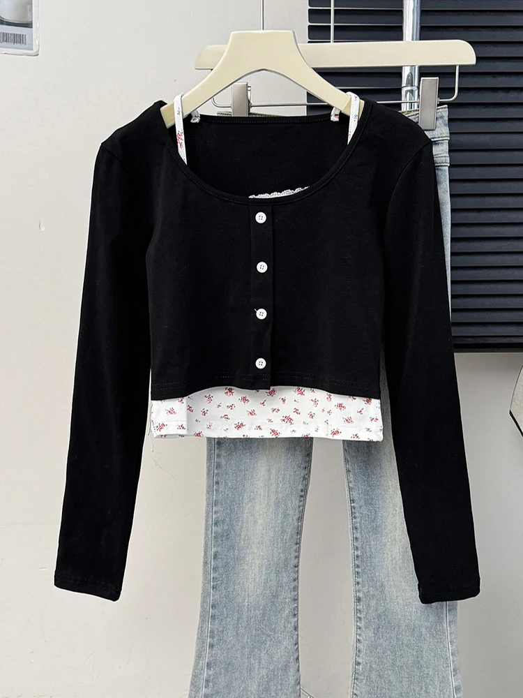 Patchwork Long Sleeved Floral T-shirt For Women 2024 Autumn New Slimming Short Tops Chic Simple Pullover Ladies Clothing