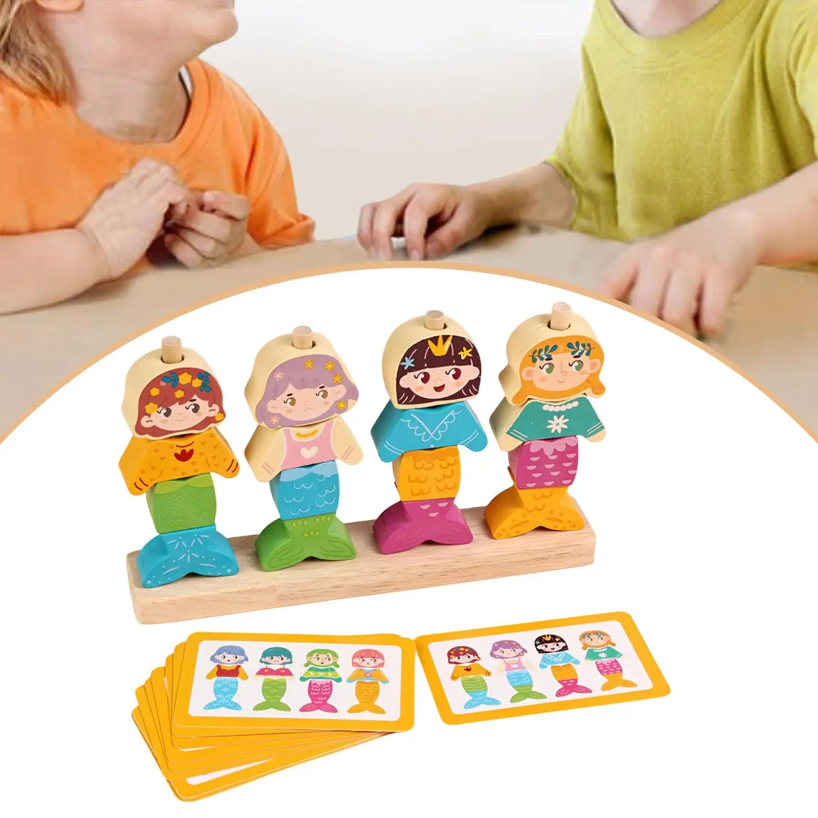 Wooden Dress up Puzzle Mermaid Changing Clothes Stacking Toy Beads Sequencing Toy Set Color Recognition