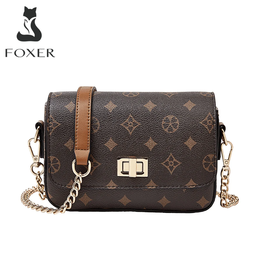 

FOXER Vintage Monogram Chain Crossbody Bag for Women Luxury Designer Small Square Shoulder Bag Ladies Fashion Handbag