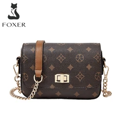 FOXER Vintage Monogram Chain Crossbody Bag for Women Luxury Designer Small Square Shoulder Bag Ladies Fashion Handbag