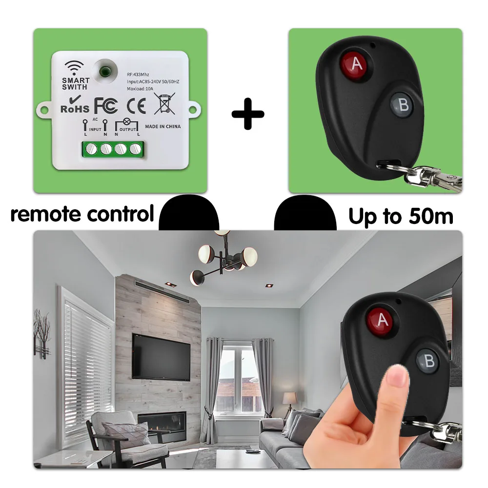 433mhz RF Universal Remote Control Switch AC 110 220V 10A 1Ch Relay Receiver and 2 Button Transmitter for Led Fan Home Appliance