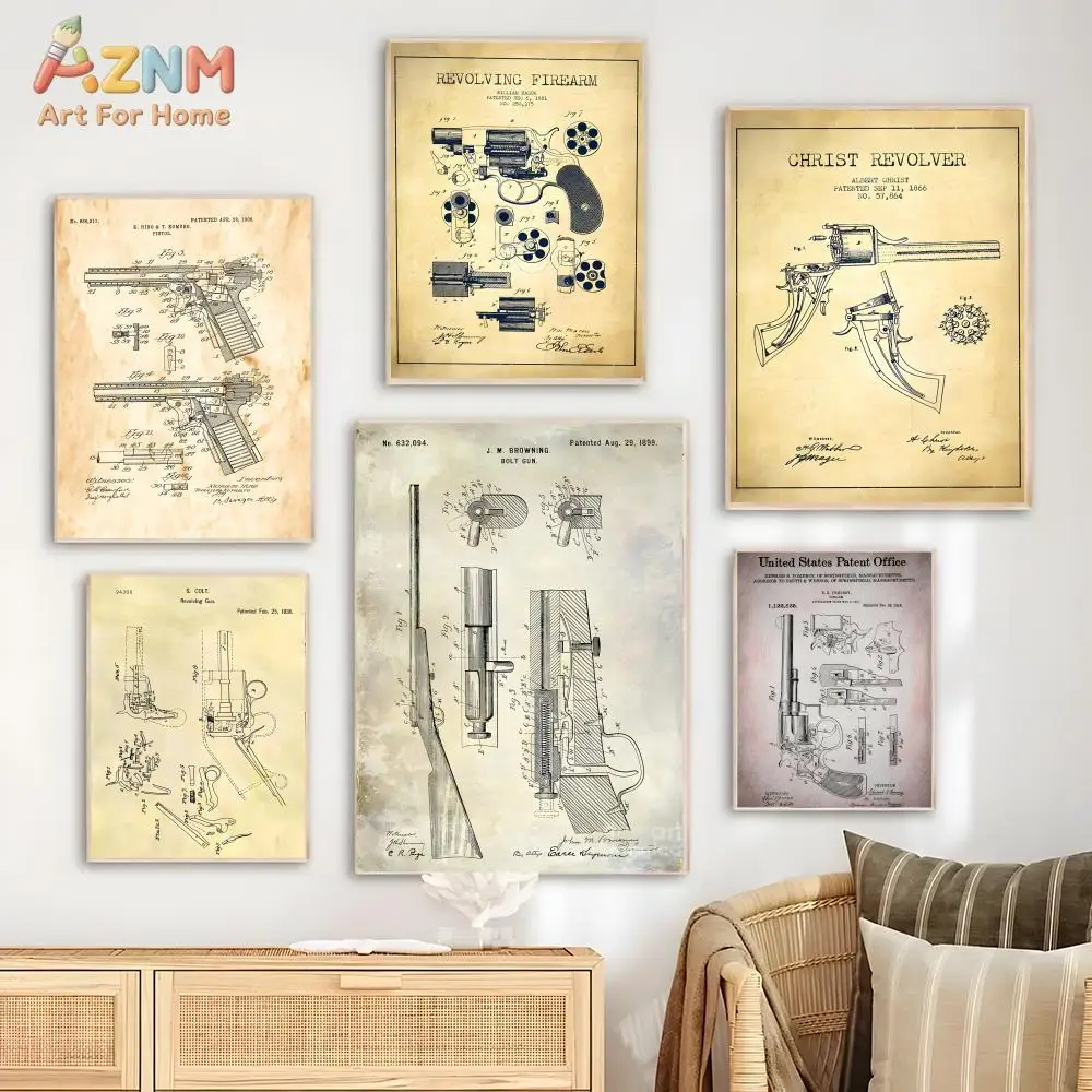 AZNM Vintage Bolt Gun Revolver Patent Blueprint Canvas Wall Art Print Firearm Technical Drawing Man Cave Gun Room Decor Poster