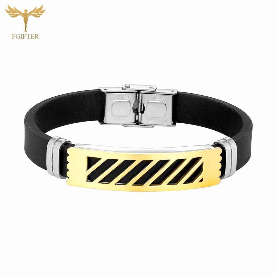 Men Silicone Bracelet Stainless Steel Stripes Wristband Waterproof Sweatproof Sports Rubber Bangle Male Teen Casual Jewelry Gift