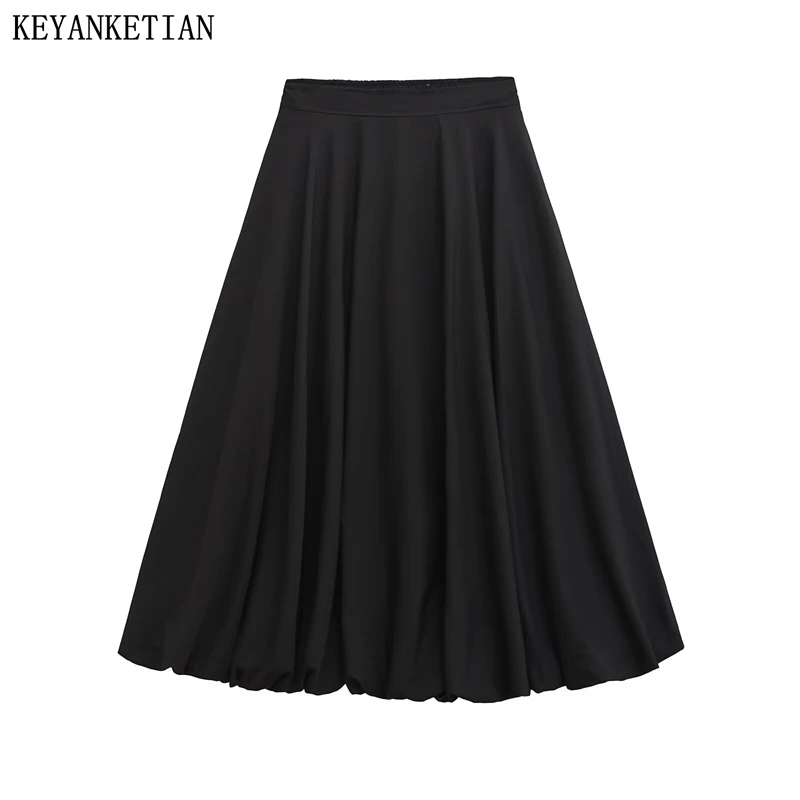 KEYANKETIAN 2024 Herbst Neue frauen Schwarz MIDI Rock Elastische Taille Taschen Einfachen stil, Mode Schlank EINE Linie Lange Puffy rock