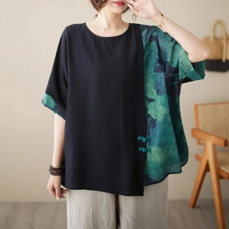 Temperament Chinese Style Summer Women\'s Round Neck Printing Tie Die Patchwork Button Split Short Sleeve Loose T-shirt Tops