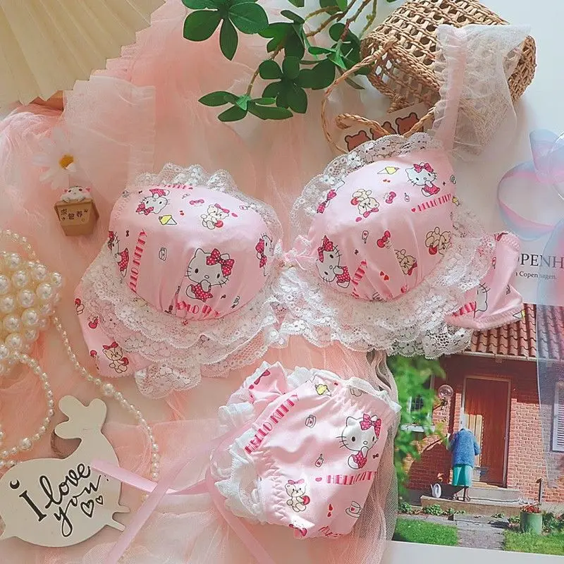 Pink Hello Kitty Sweet And Cute Girl Underwear Bra & Panties 2 Pcs Sets Y2k Lace Edge Sexy Chest Gathering Lingerie Bra Set