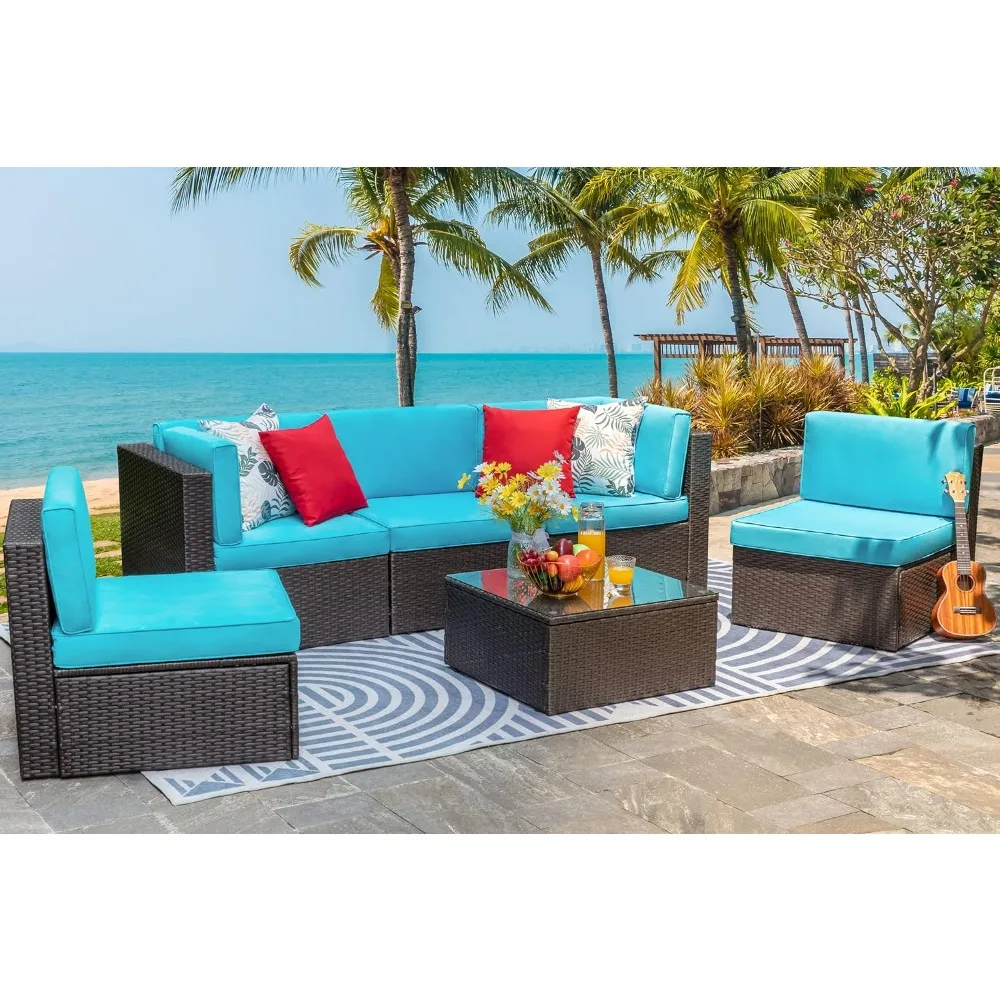 6 Piece Small Patio Furniture Sets, Sectional Sofa Couch Garden Backyard Conversation Set with Glass Table, Garden Sofas