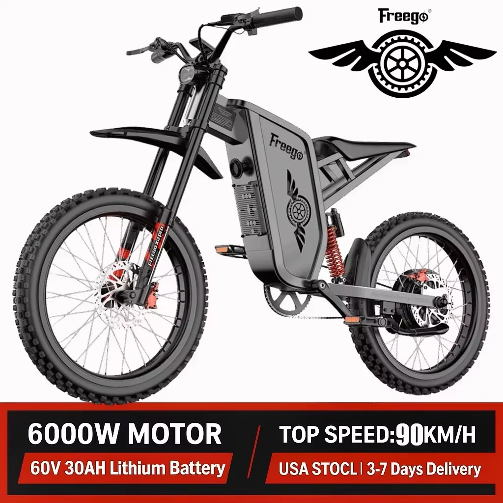 

Freego Electric Bike 6000W Motor 60V/30Ah 1800Wh Battery 50MPH Electric Motorcycle Speed 90Kmh Adult Off Road EBike UL Certified