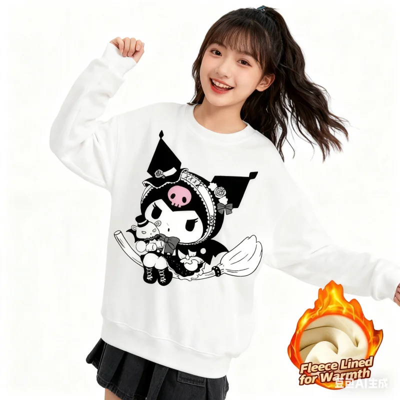 تي شيرت بأكمام طويلة ورقبة دائرية مطبوعة من سلسلة سانريو 2025، تي شيرت لطيف ودافئ مبطن بالصوف برقبة دائرية وأكمام طويلة، 100% قطن #1
